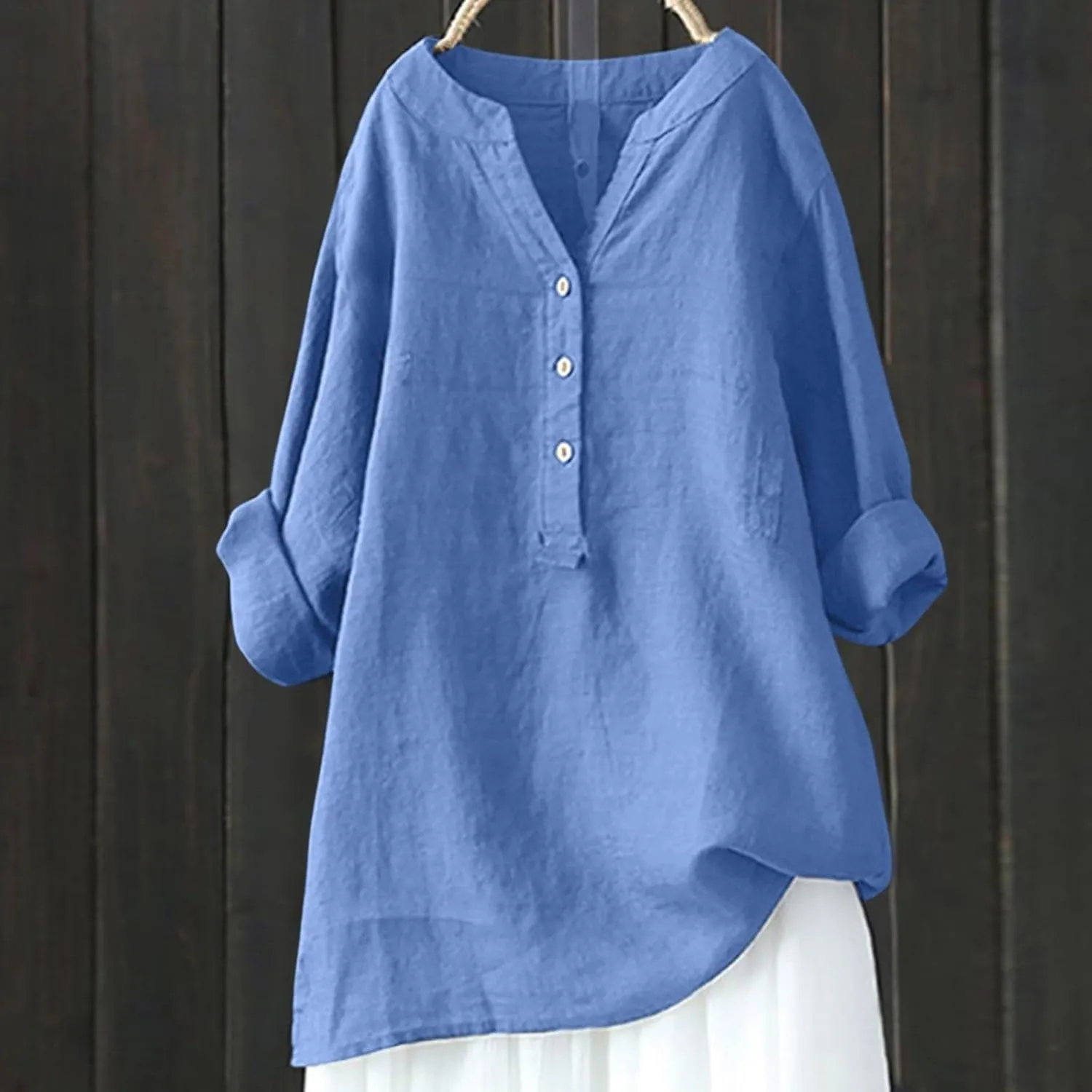 Cotton Linen Shirts for Women Long Sleeve V Neck Button Down Tops Casual Loose Blouses Summer Beach Vacation Clothes