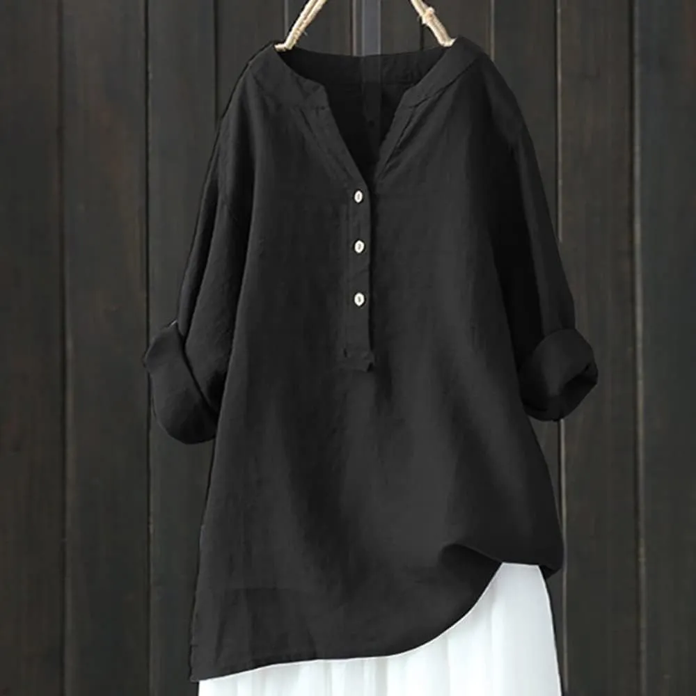 Cotton Linen Shirts for Women Long Sleeve V Neck Button Down Tops Casual Loose Blouses Summer Beach Vacation Clothes