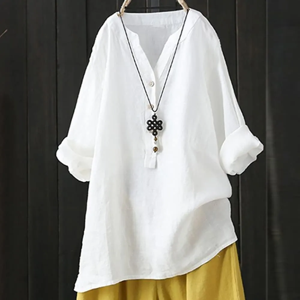 Cotton Linen Shirts for Women Long Sleeve V Neck Button Down Tops Casual Loose Blouses Summer Beach Vacation Clothes