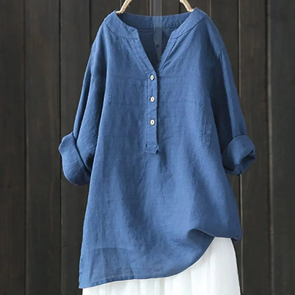Cotton Linen Shirts for Women Long Sleeve V Neck Button Down Tops Casual Loose Blouses Summer Beach Vacation Clothes