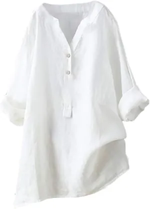 Cotton Linen Shirts for Women Long Sleeve V Neck Button Down Tops Casual Loose Blouses Summer Beach Vacation Clothes
