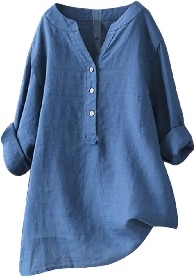 Cotton Linen Shirts for Women Long Sleeve V Neck Button Down Tops Casual Loose Blouses Summer Beach Vacation Clothes