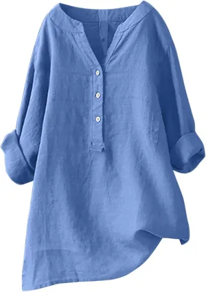 Cotton Linen Shirts for Women Long Sleeve V Neck Button Down Tops Casual Loose Blouses Summer Beach Vacation Clothes