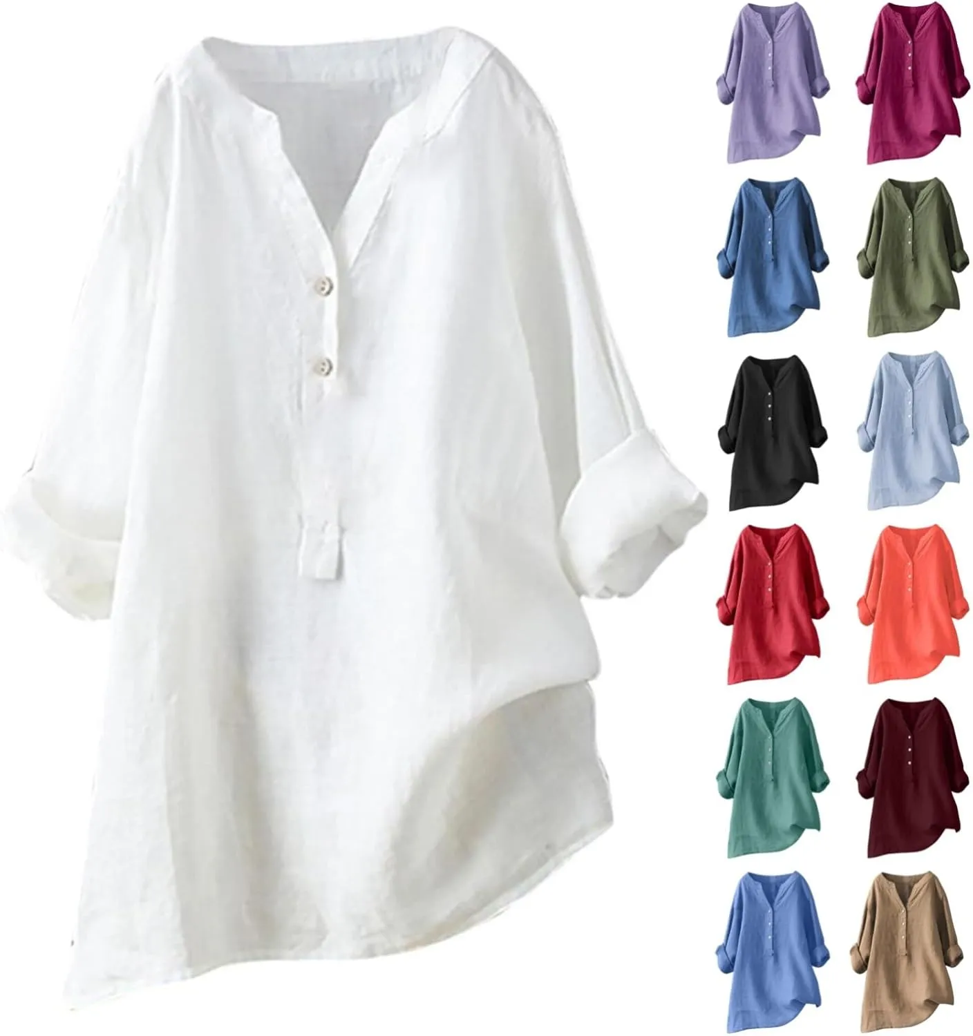 Cotton Linen Shirts for Women Long Sleeve V Neck Button Down Tops Casual Loose Blouses Summer Beach Vacation Clothes