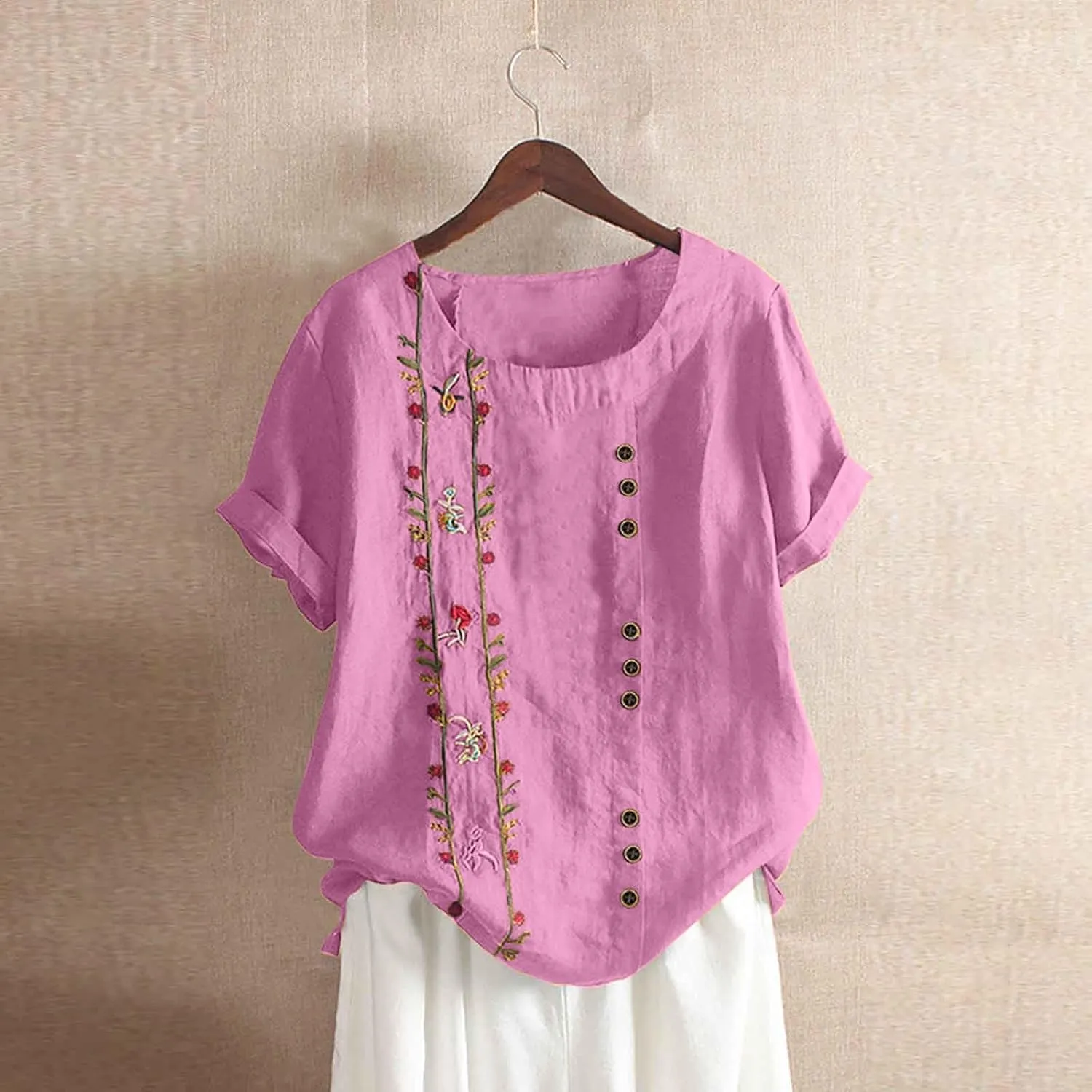 Cotton Linen Tops for Women 2025 Fashion Short Sleeve Crewneck Button Print Linen Shirt Summer Causal Loose Blouses