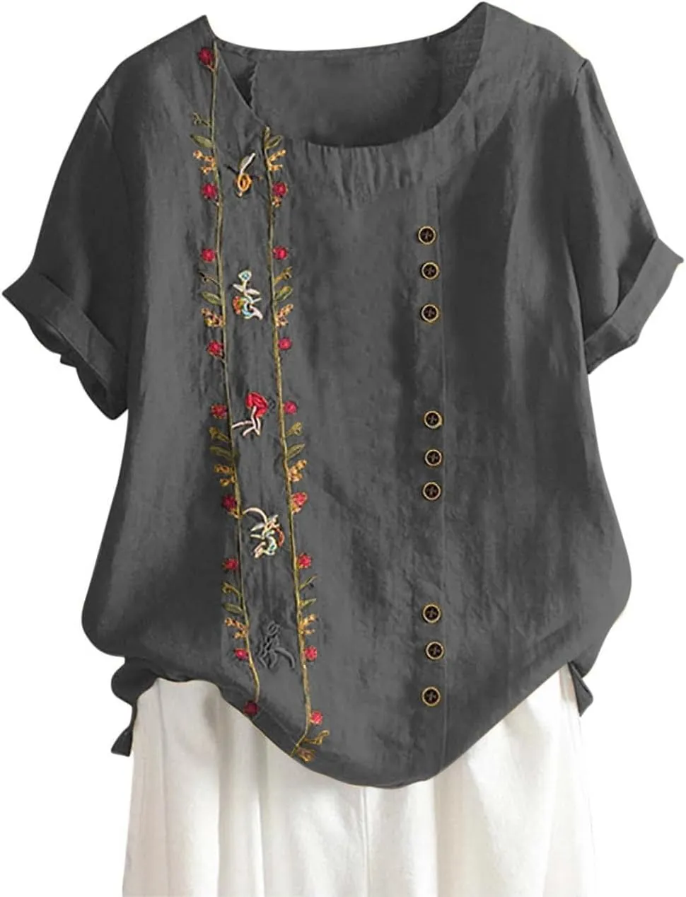 Cotton Linen Tops for Women 2025 Fashion Short Sleeve Crewneck Button Print Linen Shirt Summer Causal Loose Blouses