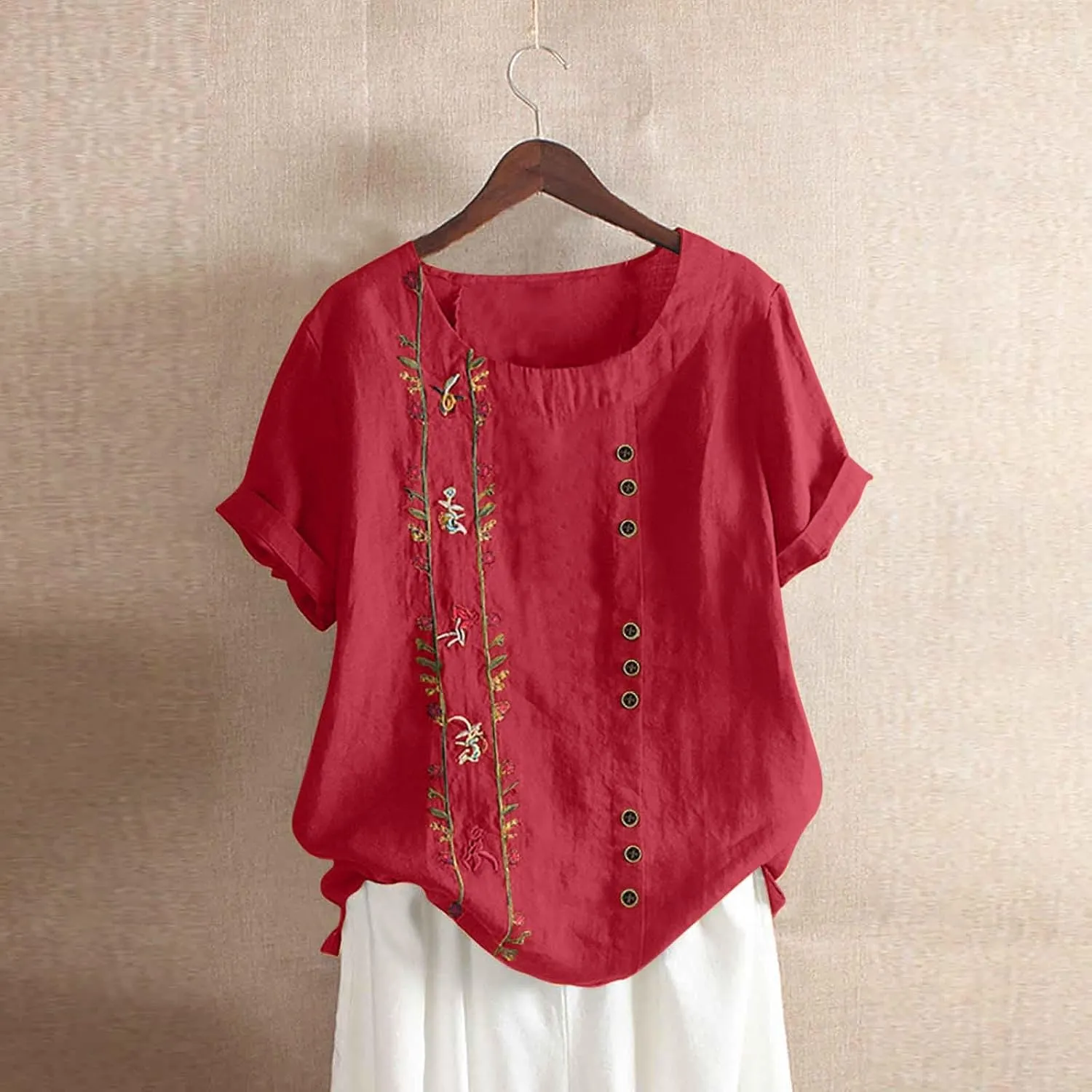 Cotton Linen Tops for Women 2025 Fashion Short Sleeve Crewneck Button Print Linen Shirt Summer Causal Loose Blouses