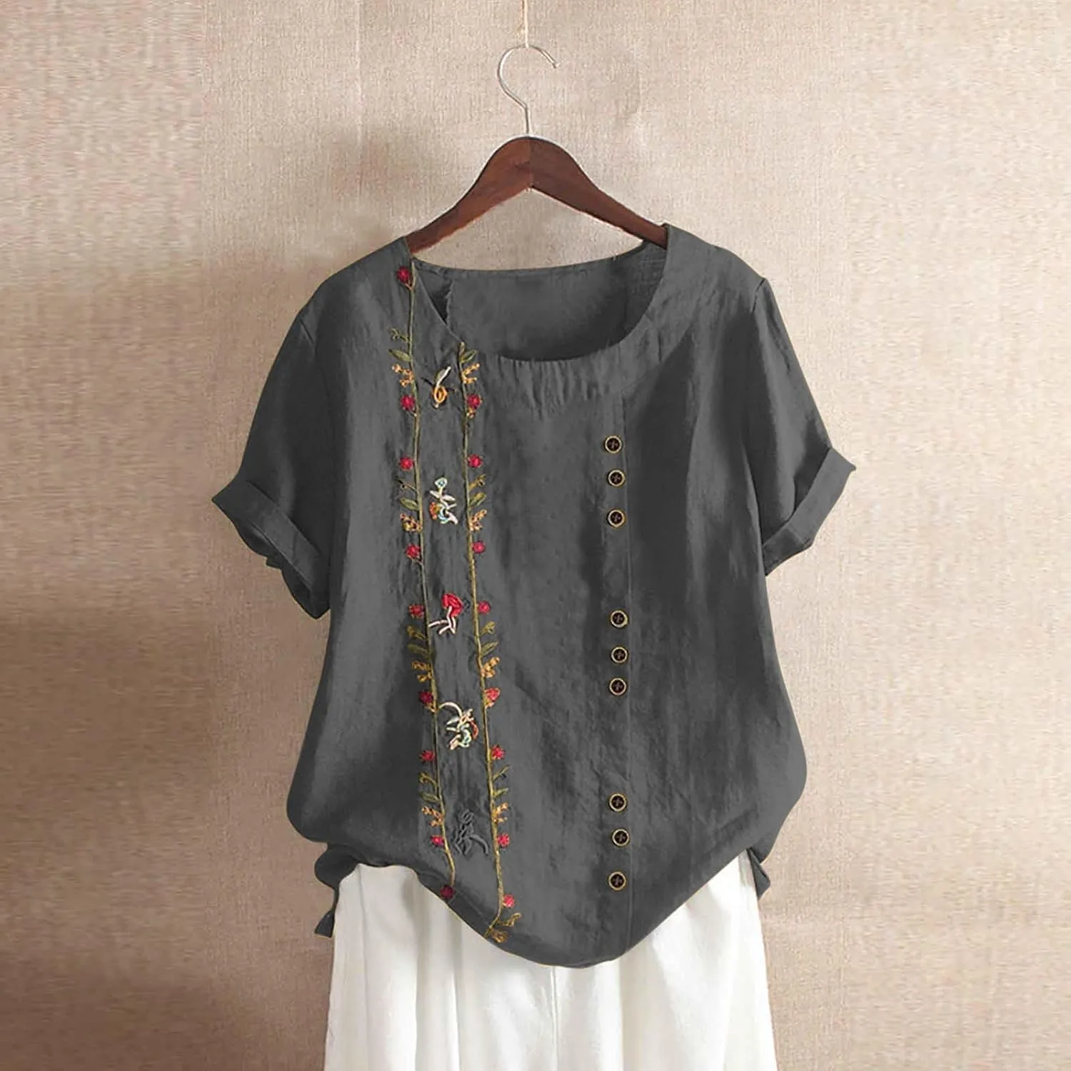 Cotton Linen Tops for Women 2025 Fashion Short Sleeve Crewneck Button Print Linen Shirt Summer Causal Loose Blouses