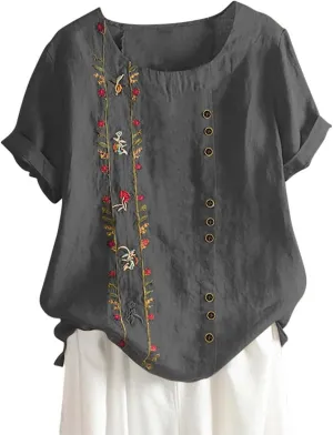 Cotton Linen Tops for Women 2025 Fashion Short Sleeve Crewneck Button Print Linen Shirt Summer Causal Loose Blouses