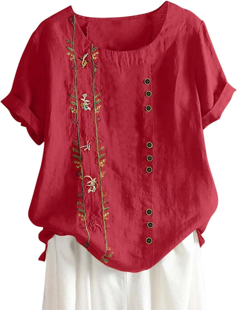 Cotton Linen Tops for Women 2025 Fashion Short Sleeve Crewneck Button Print Linen Shirt Summer Causal Loose Blouses