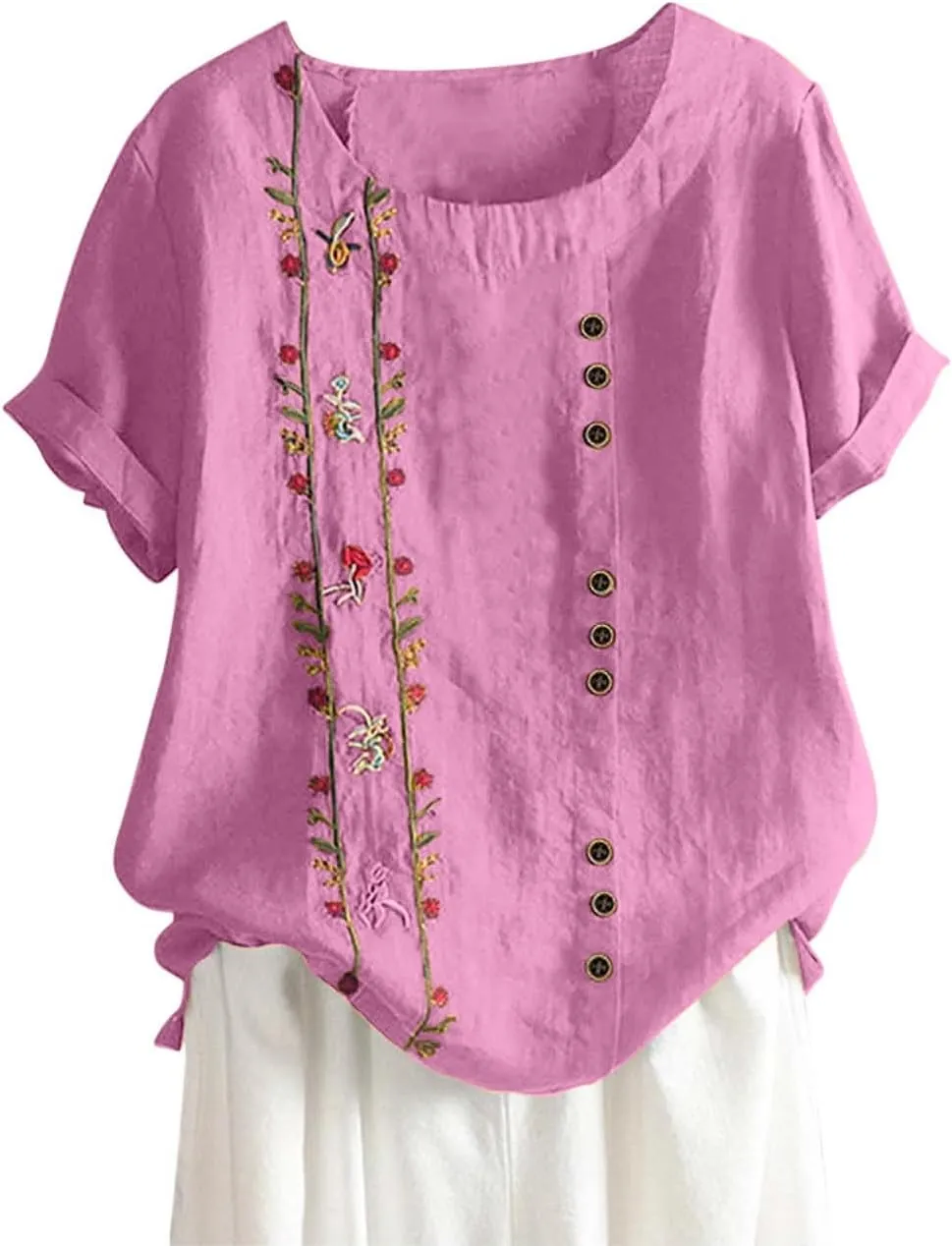 Cotton Linen Tops for Women 2025 Fashion Short Sleeve Crewneck Button Print Linen Shirt Summer Causal Loose Blouses