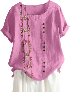 Cotton Linen Tops for Women 2025 Fashion Short Sleeve Crewneck Button Print Linen Shirt Summer Causal Loose Blouses