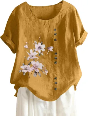Cotton Linen Tops for Women Short Sleeve Round Neck T Shirts Oversized Embroidery Floral Printed Loose Blouses S-5XL