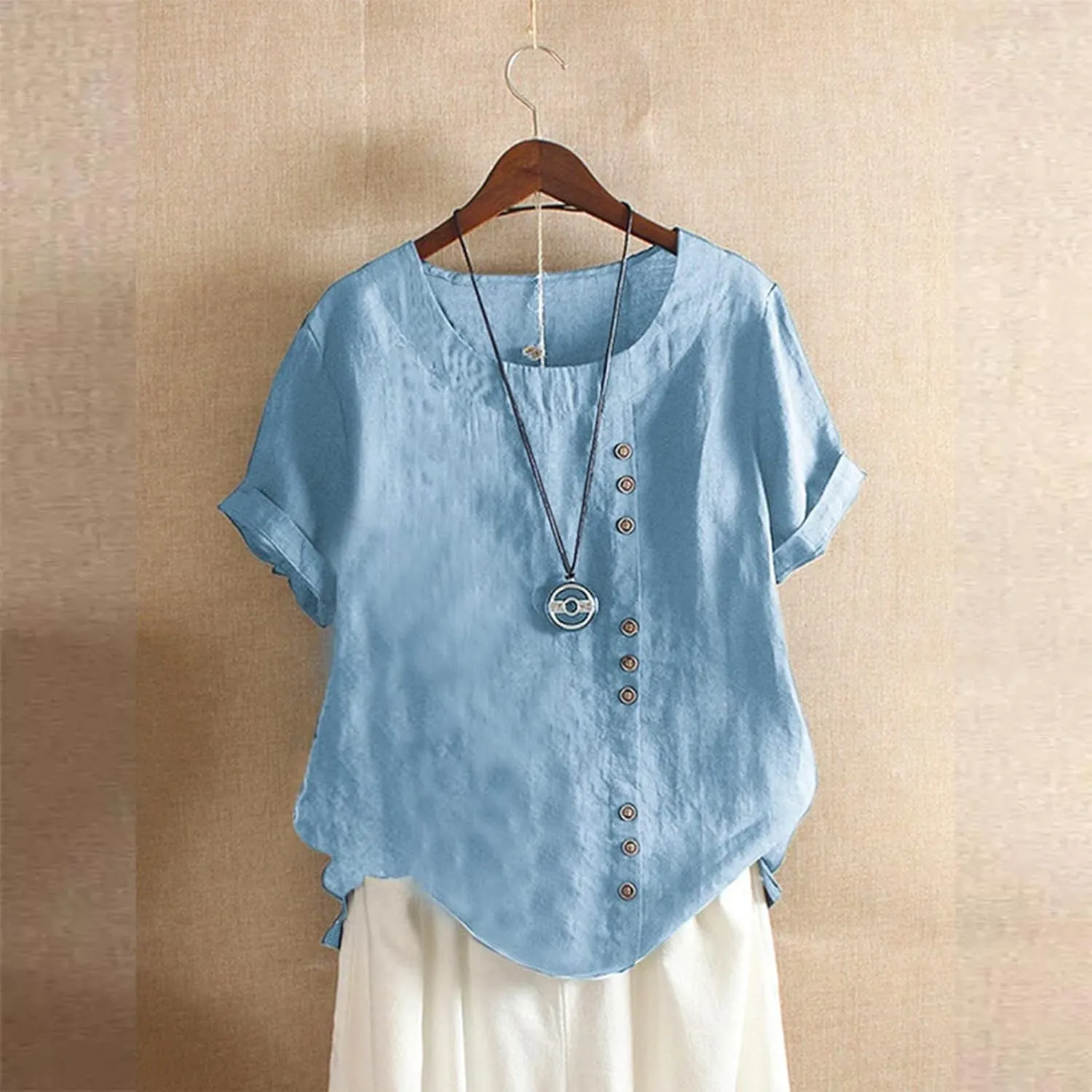 Cotton Linen Tops for Women Short Sleeve Round Neck T Shirts Oversized Embroidery Floral Printed Loose Blouses S-5XL