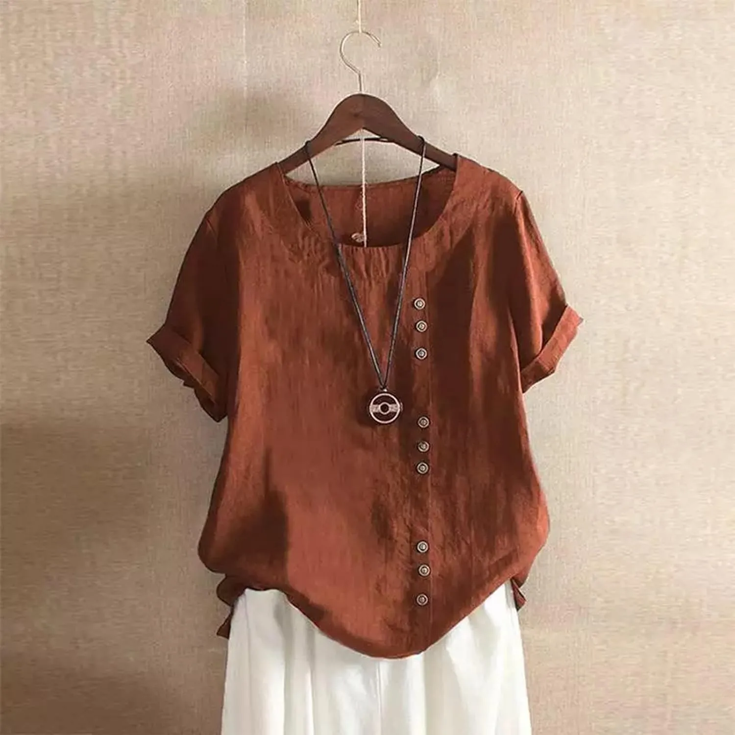 Cotton Linen Tops for Women Short Sleeve Round Neck T Shirts Oversized Embroidery Floral Printed Loose Blouses S-5XL