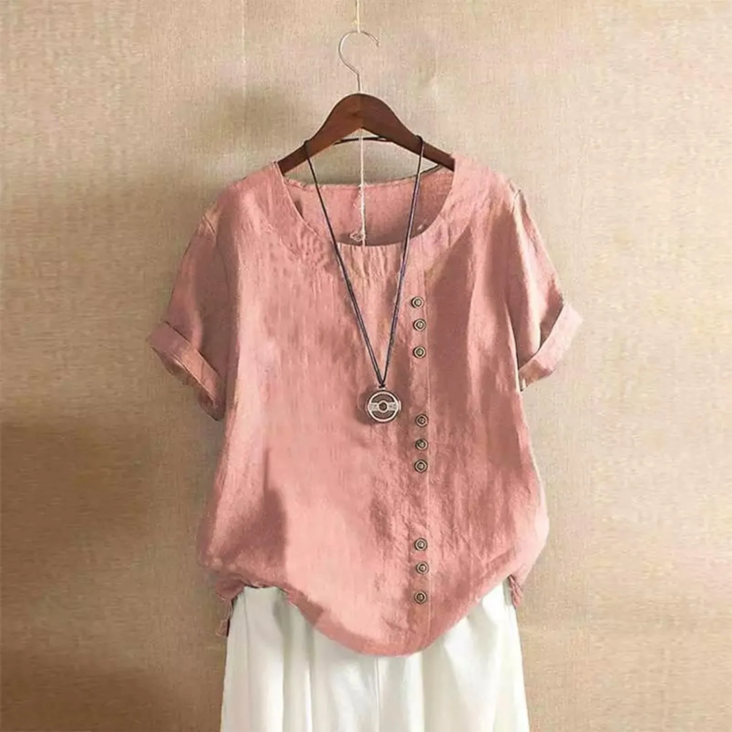 Cotton Linen Tops for Women Short Sleeve Round Neck T Shirts Oversized Embroidery Floral Printed Loose Blouses S-5XL