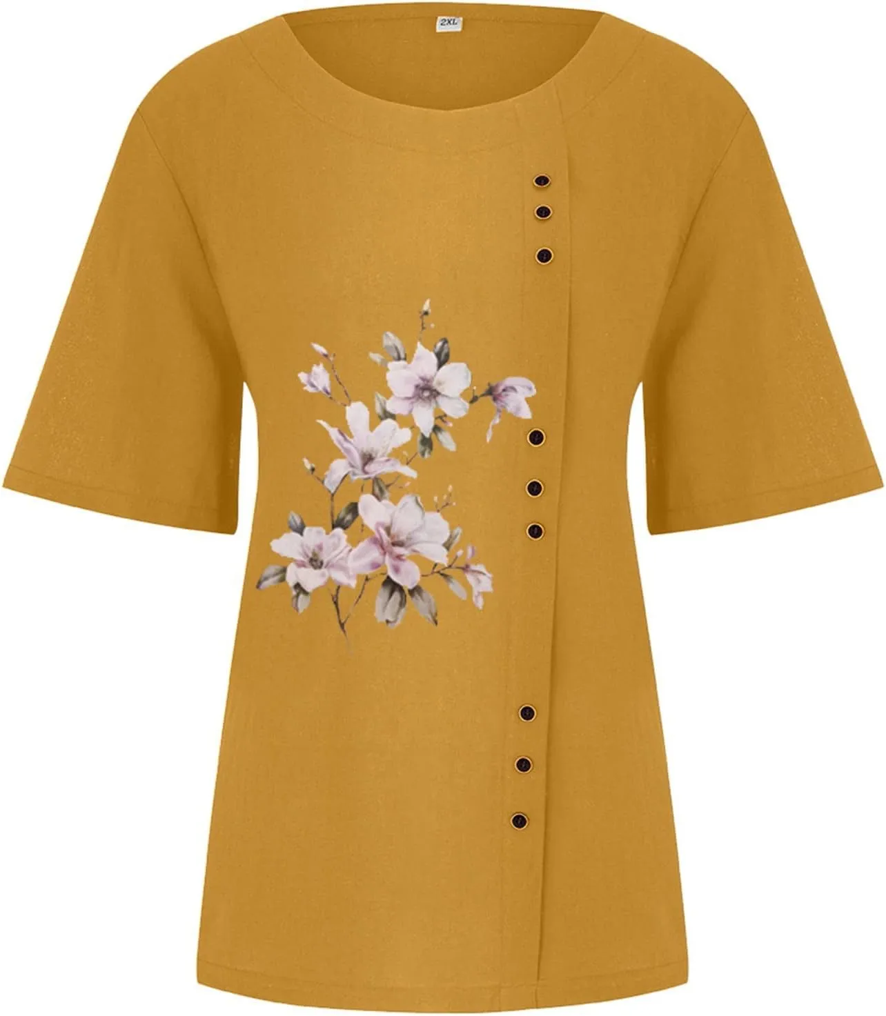 Cotton Linen Tops for Women Short Sleeve Round Neck T Shirts Oversized Embroidery Floral Printed Loose Blouses S-5XL