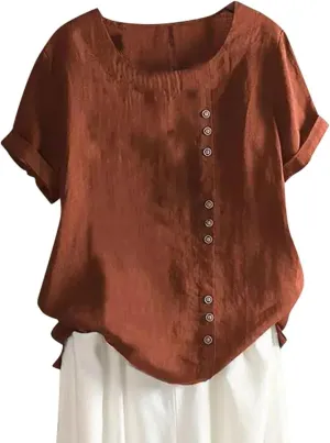 Cotton Linen Tops for Women Short Sleeve Round Neck T Shirts Oversized Embroidery Floral Printed Loose Blouses S-5XL