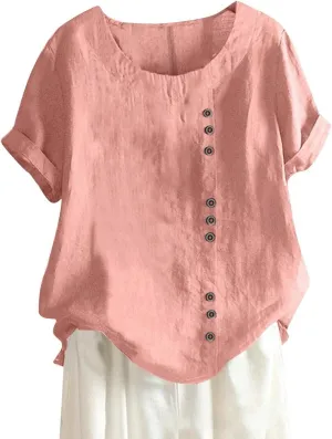Cotton Linen Tops for Women Short Sleeve Round Neck T Shirts Oversized Embroidery Floral Printed Loose Blouses S-5XL