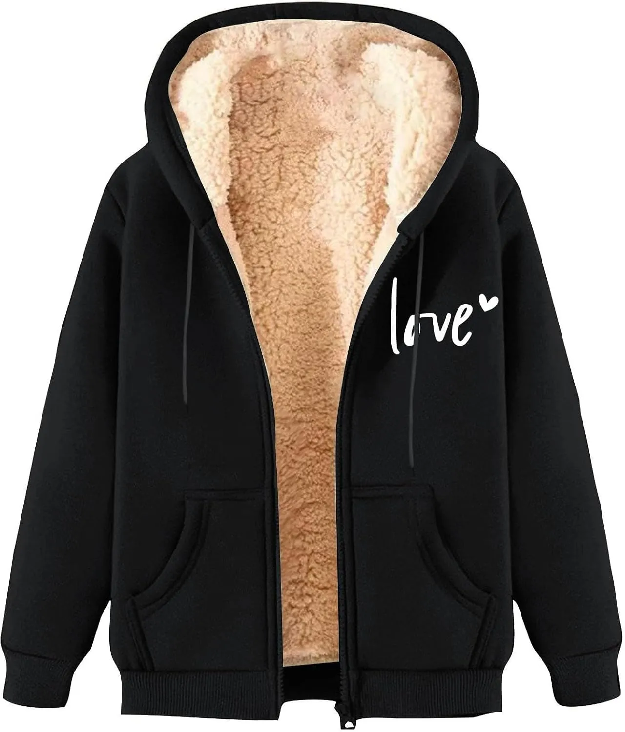 CRNTCEM Women's Sherpa-Lined Fleece Full-Zip Hooded Jacket Valentine's Days Winter Thick Thermal Coats Trendy Casual Outwear