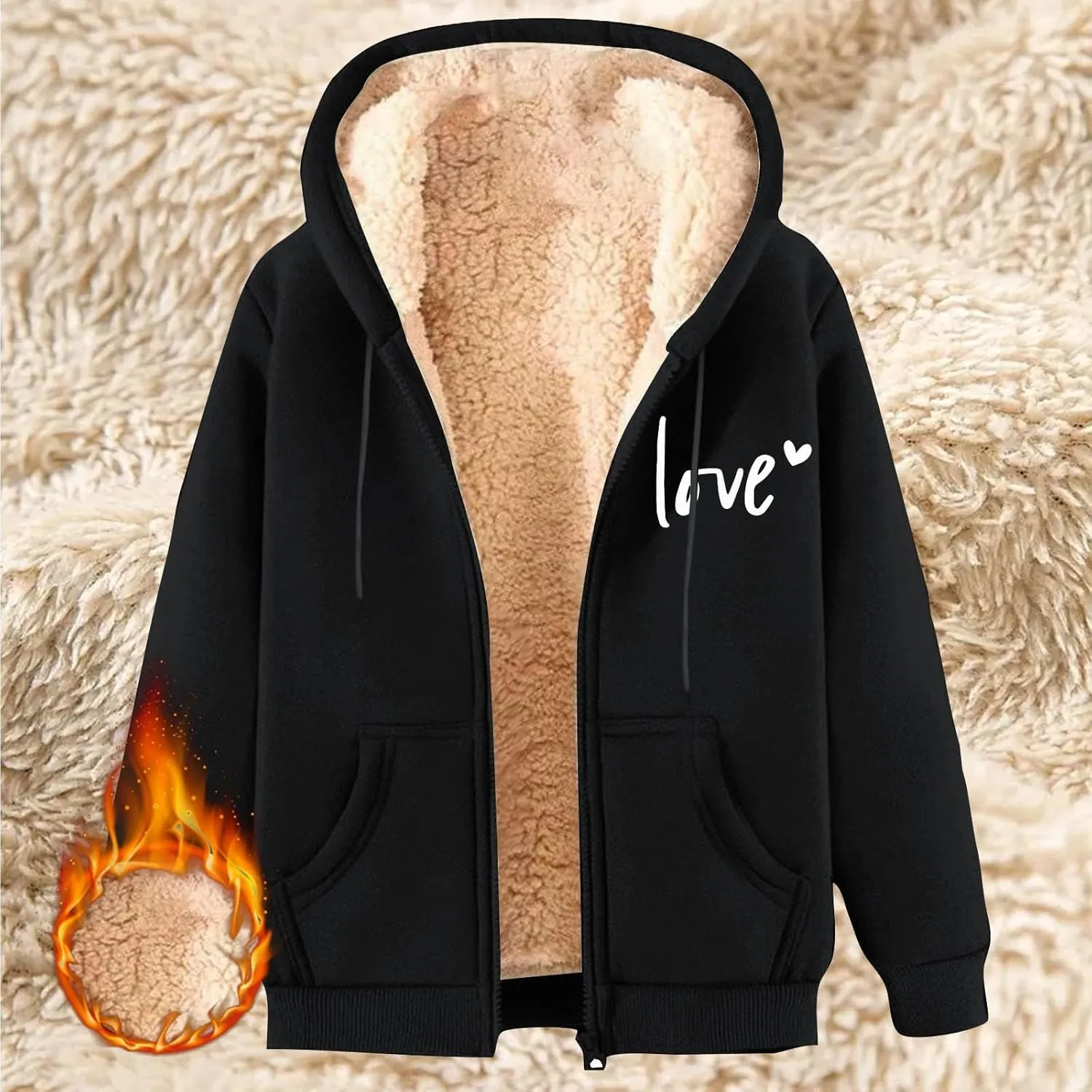 CRNTCEM Women's Sherpa-Lined Fleece Full-Zip Hooded Jacket Valentine's Days Winter Thick Thermal Coats Trendy Casual Outwear