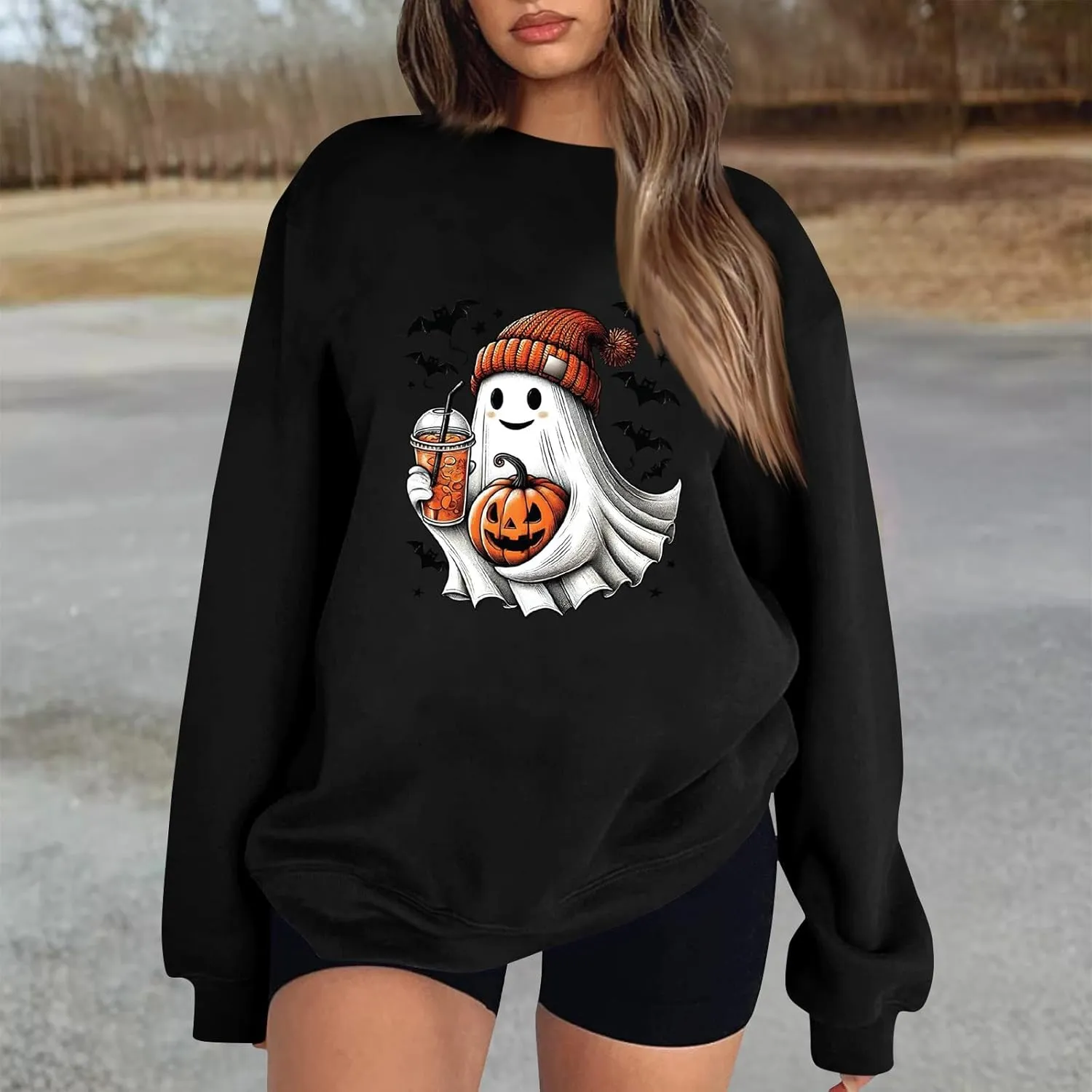 Cute Ghost Halloween Sweatshirts Women Funny Pumpkin Graphic Sweatshirt Spooky Season Party Tops Fall Sweater
