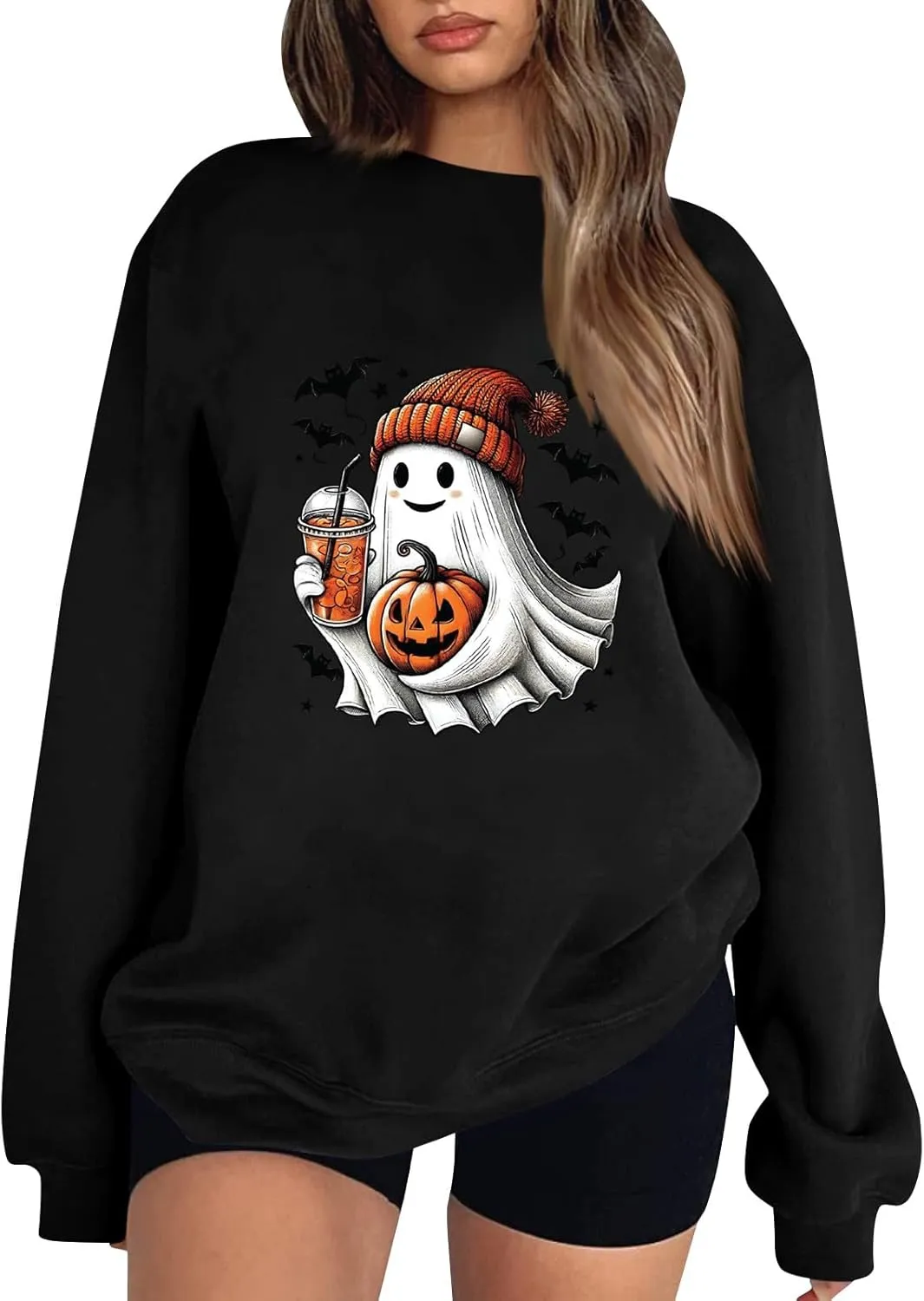 Cute Ghost Halloween Sweatshirts Women Funny Pumpkin Graphic Sweatshirt Spooky Season Party Tops Fall Sweater