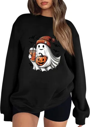 Cute Ghost Halloween Sweatshirts Women Funny Pumpkin Graphic Sweatshirt Spooky Season Party Tops Fall Sweater