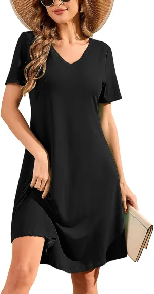 DEARCASE Women's T Shirt Dress Short Sleeve V-Neck Spring Summer Casual Loose Flowy Swing Midi Tunic Dresses