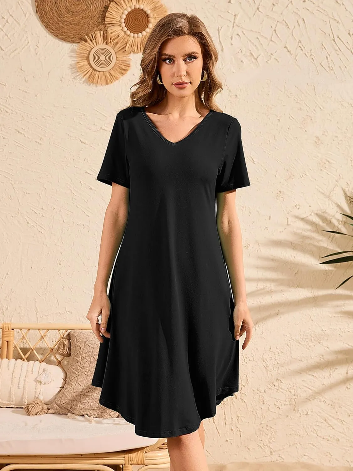 DEARCASE Women's T Shirt Dress Short Sleeve V-Neck Spring Summer Casual Loose Flowy Swing Midi Tunic Dresses