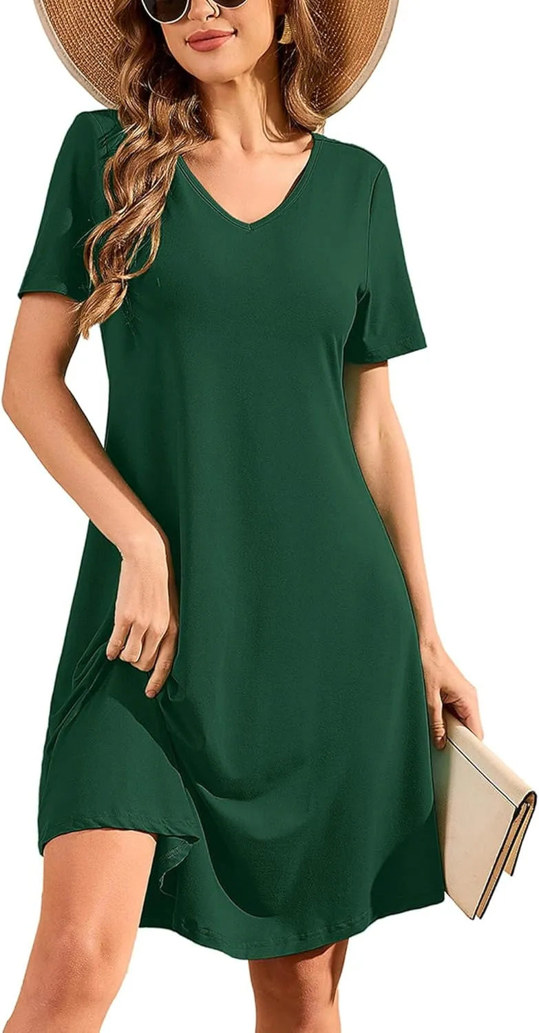 DEARCASE Women's T Shirt Dress Short Sleeve V-Neck Spring Summer Casual Loose Flowy Swing Midi Tunic Dresses