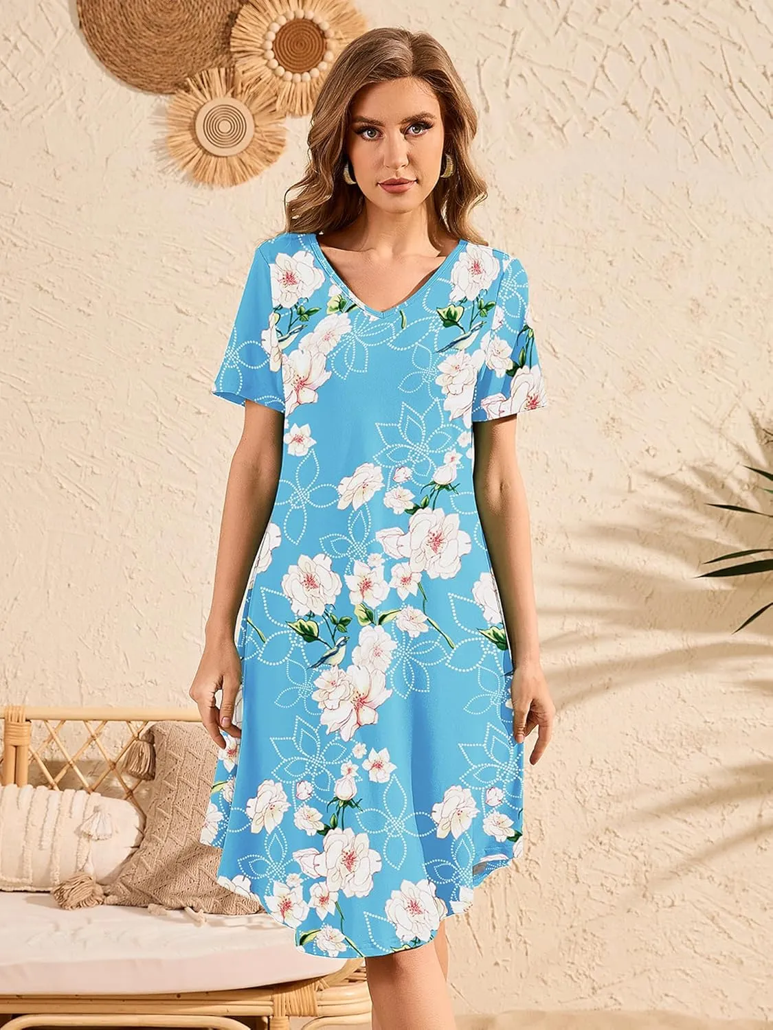 DEARCASE Women's T Shirt Dress Short Sleeve V-Neck Spring Summer Casual Loose Flowy Swing Midi Tunic Dresses