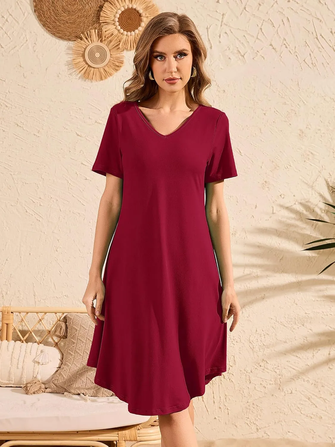 DEARCASE Women's T Shirt Dress Short Sleeve V-Neck Spring Summer Casual Loose Flowy Swing Midi Tunic Dresses