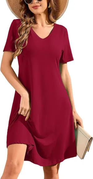 DEARCASE Women's T Shirt Dress Short Sleeve V-Neck Spring Summer Casual Loose Flowy Swing Midi Tunic Dresses