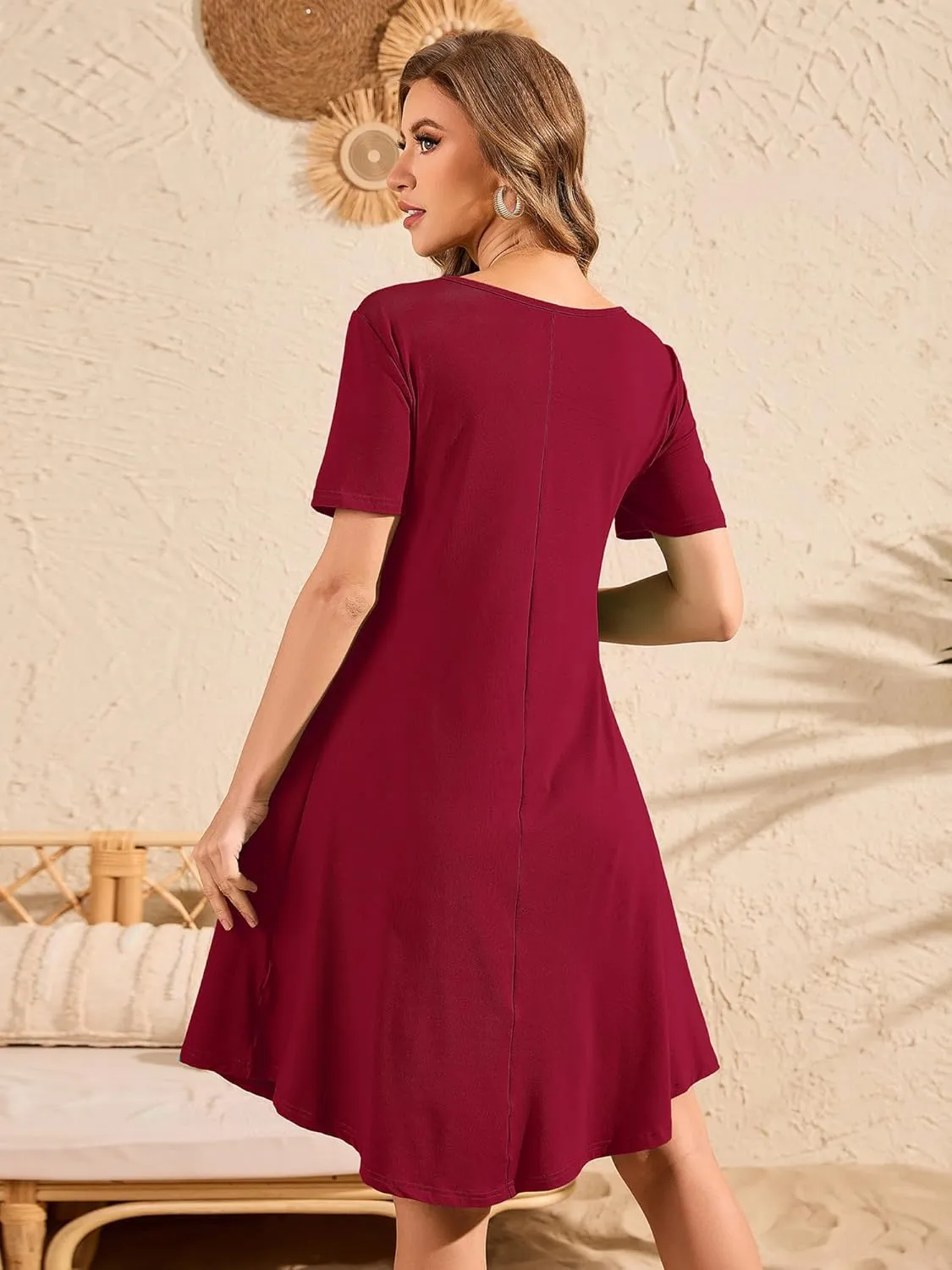 DEARCASE Women's T Shirt Dress Short Sleeve V-Neck Spring Summer Casual Loose Flowy Swing Midi Tunic Dresses