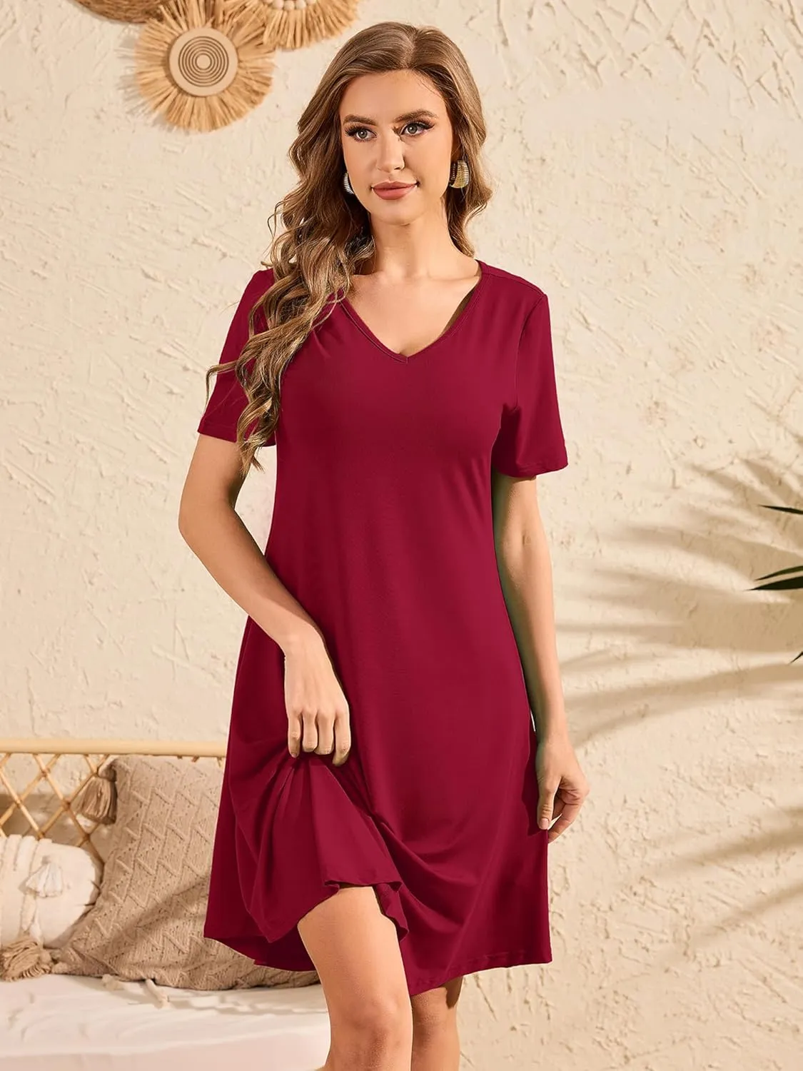 DEARCASE Women's T Shirt Dress Short Sleeve V-Neck Spring Summer Casual Loose Flowy Swing Midi Tunic Dresses