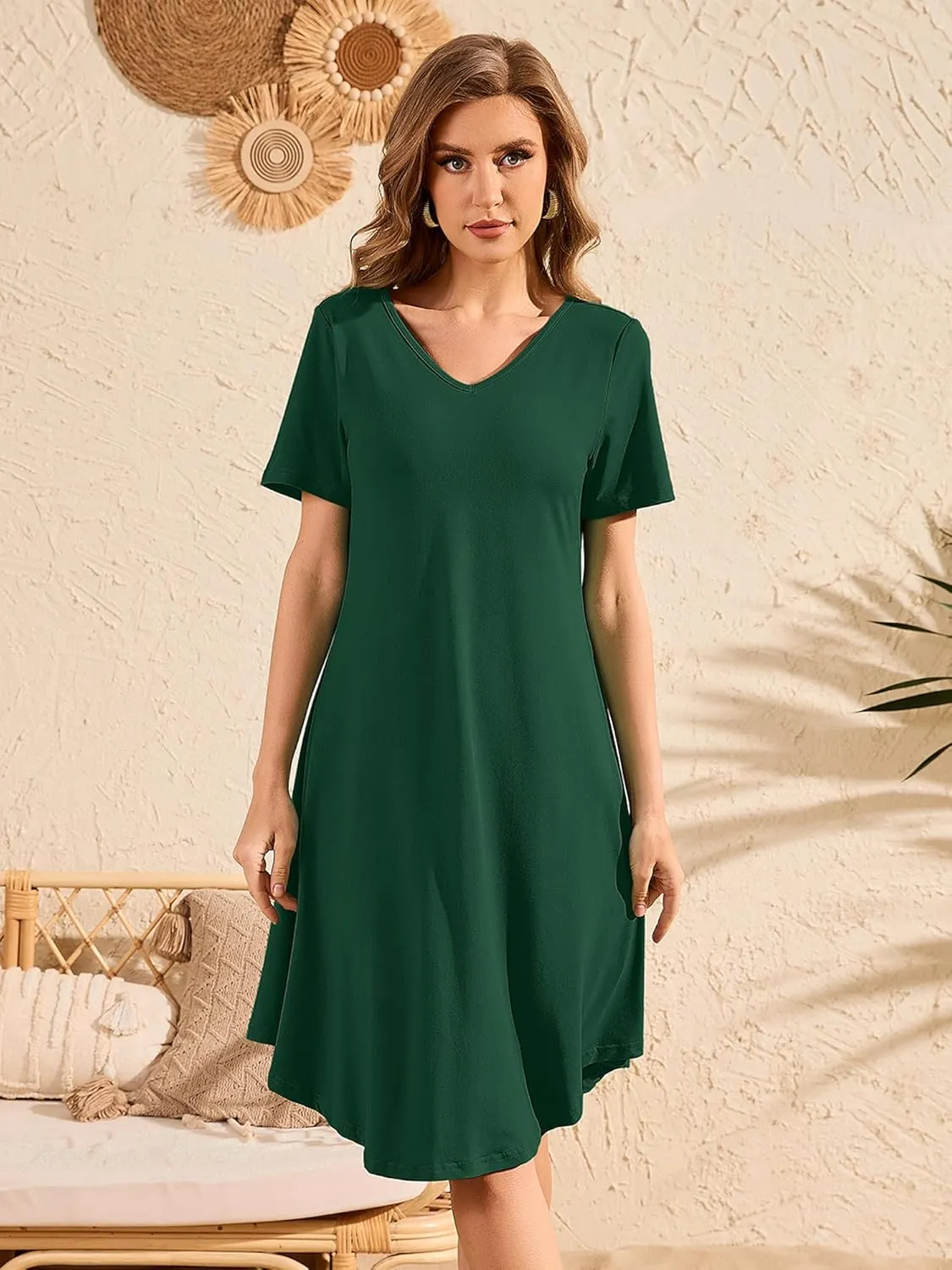 DEARCASE Women's T Shirt Dress Short Sleeve V-Neck Spring Summer Casual Loose Flowy Swing Midi Tunic Dresses