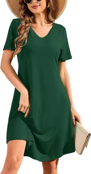 DEARCASE Women's T Shirt Dress Short Sleeve V-Neck Spring Summer Casual Loose Flowy Swing Midi Tunic Dresses