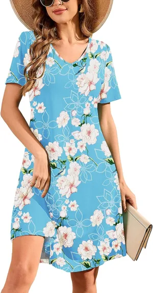 DEARCASE Women's T Shirt Dress Short Sleeve V-Neck Spring Summer Casual Loose Flowy Swing Midi Tunic Dresses