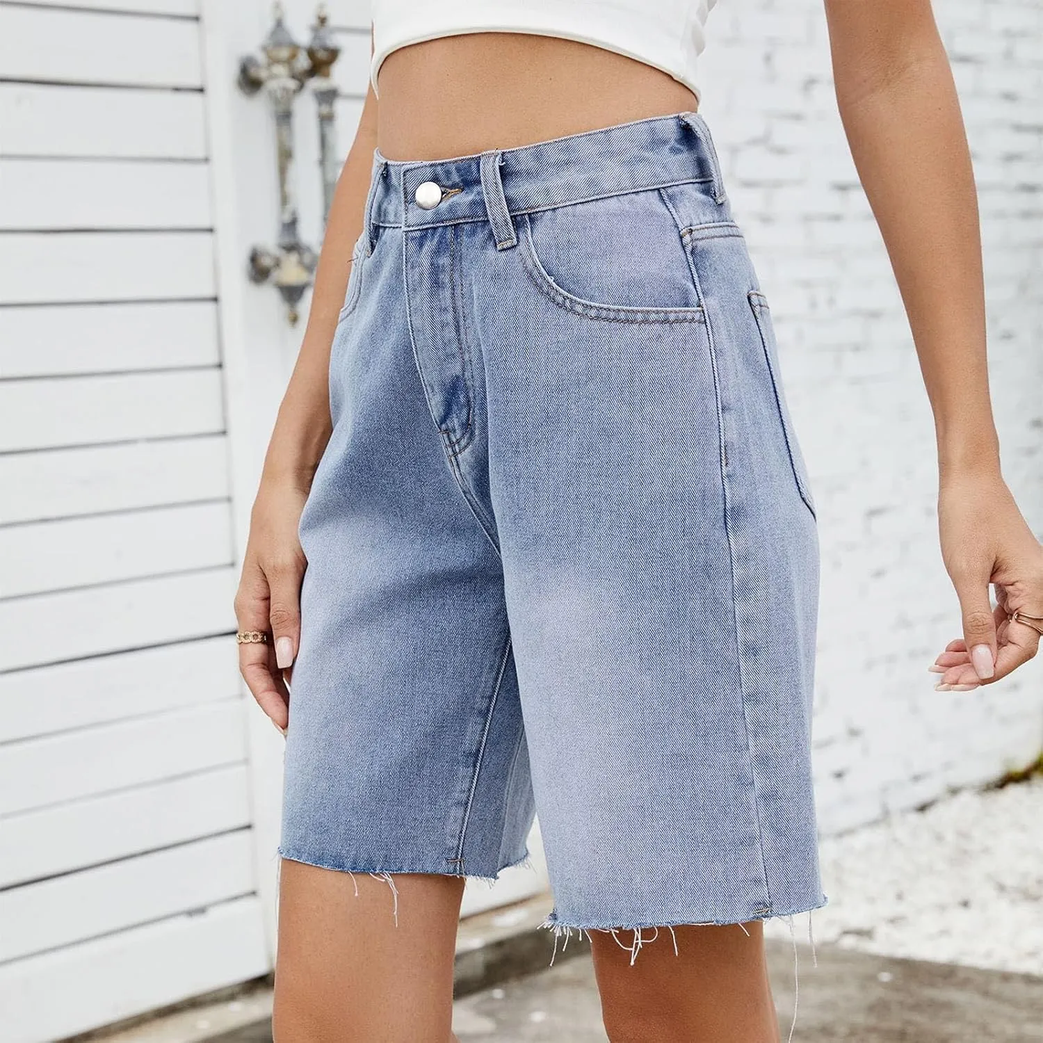 Denim Shorts for Women Wide Leg High Waisted Stretch Frayed Hem Long Jean Shorts Casual Summer Y2k Shorts with Pocket
