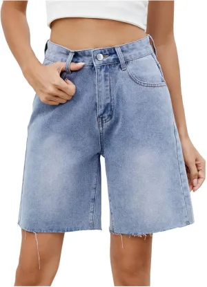 Denim Shorts for Women Wide Leg High Waisted Stretch Frayed Hem Long Jean Shorts Casual Summer Y2k Shorts with Pocket