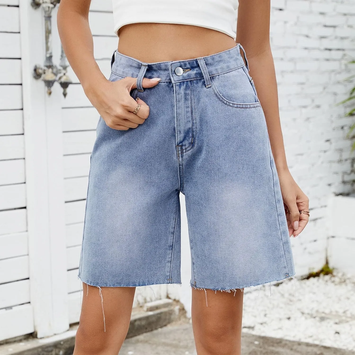 Denim Shorts for Women Wide Leg High Waisted Stretch Frayed Hem Long Jean Shorts Casual Summer Y2k Shorts with Pocket