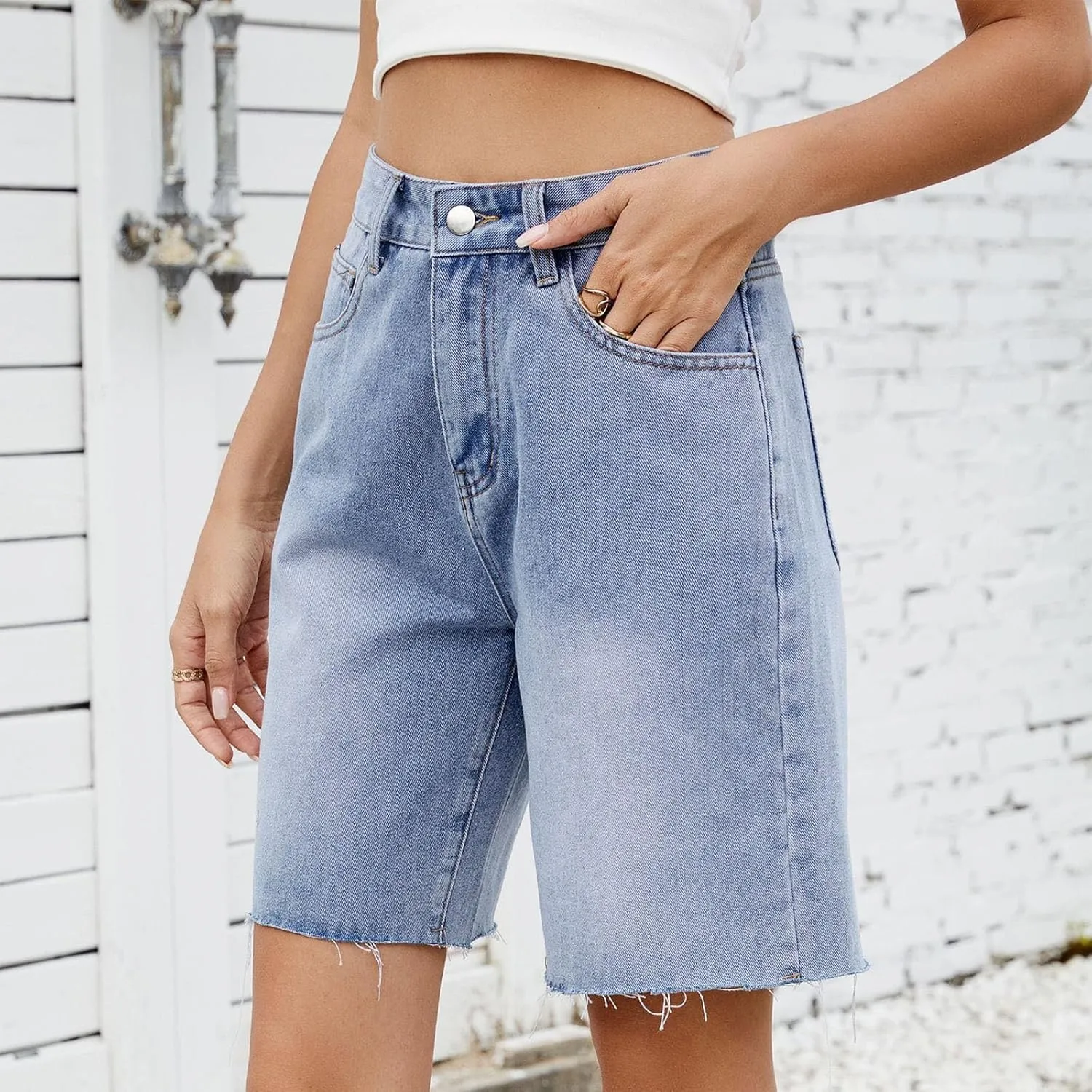 Denim Shorts for Women Wide Leg High Waisted Stretch Frayed Hem Long Jean Shorts Casual Summer Y2k Shorts with Pocket