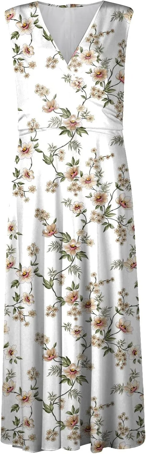 Dresses for Women 2024 Sleeveless Floral Print Maxi Dress Flowy Ruched Wrap V Neck Sundresses Spring Boho Dress