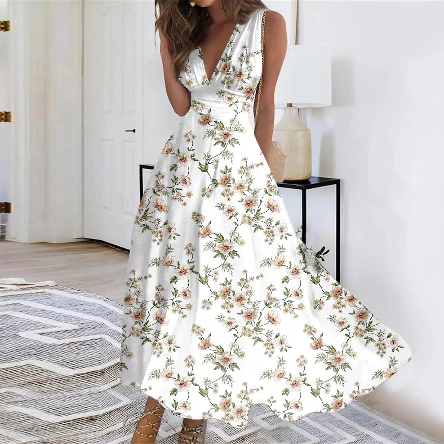 Dresses for Women 2024 Sleeveless Floral Print Maxi Dress Flowy Ruched Wrap V Neck Sundresses Spring Boho Dress