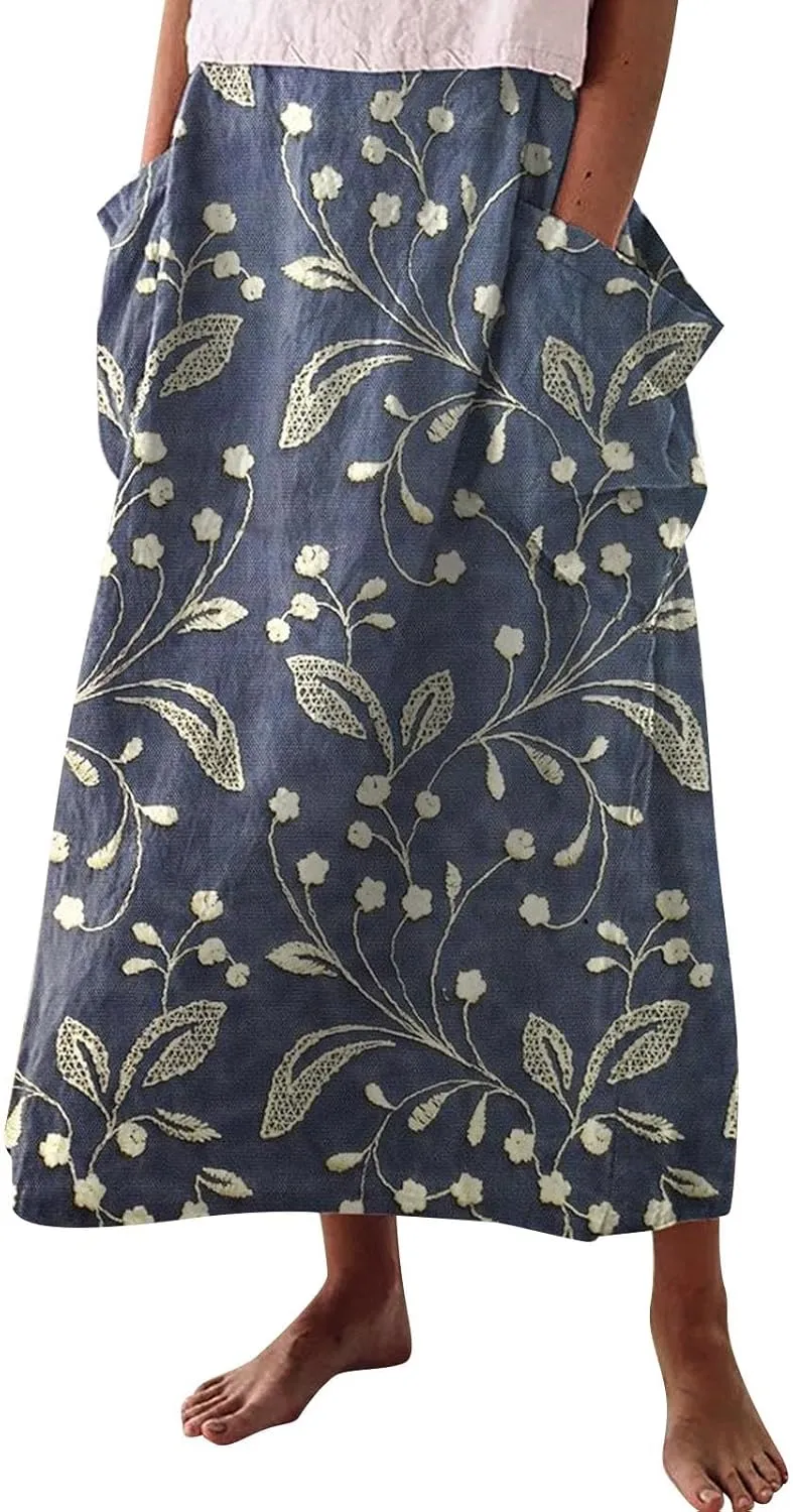 Elastic High Waist Floral Print Boho Maxi Skirt Women Tiered Pleated Flowy Long Summer Beach Skirt