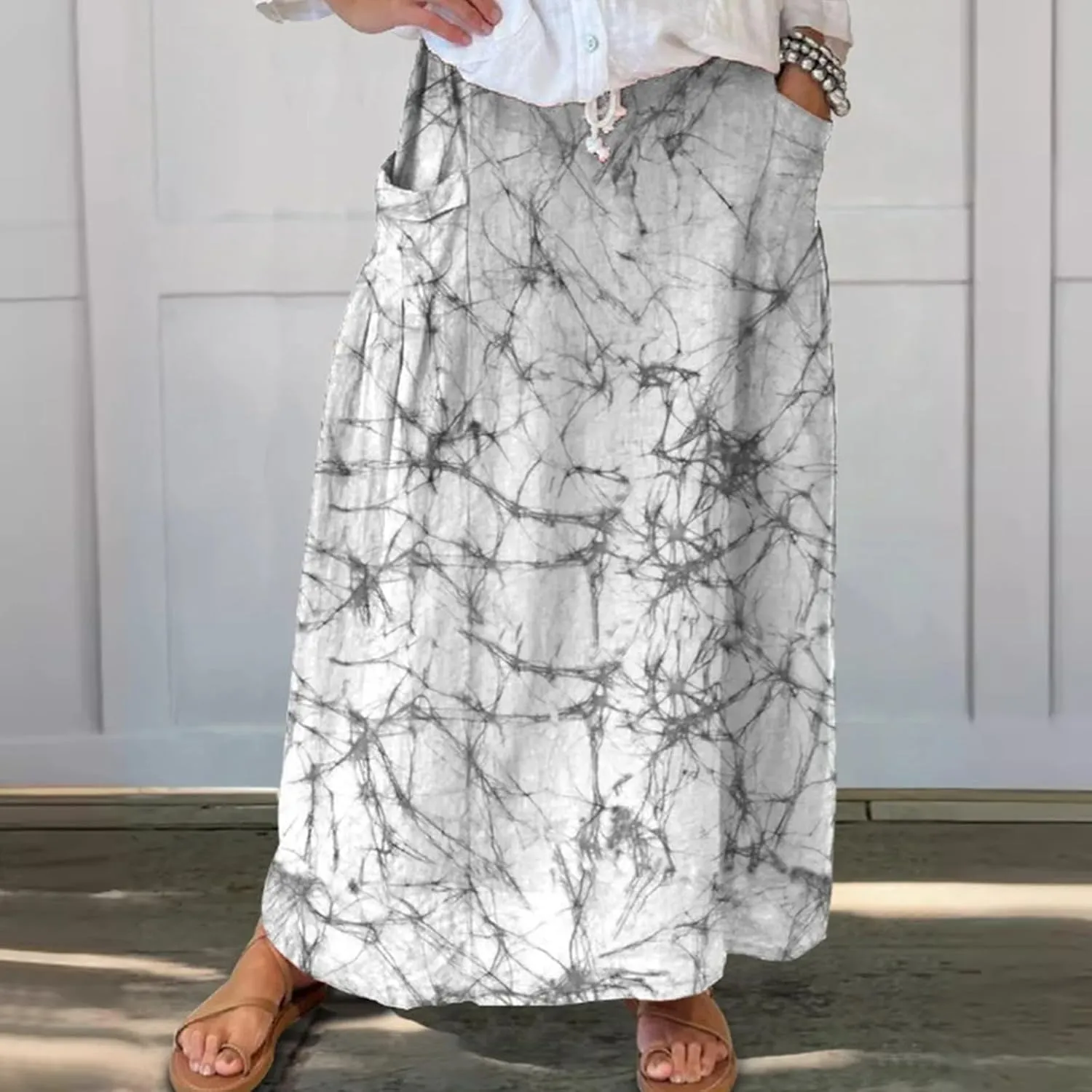 Elastic High Waist Flowy Maxi Skirts Women Boho Floral Tiered Pleated Summer Casual Long Beach Skirt