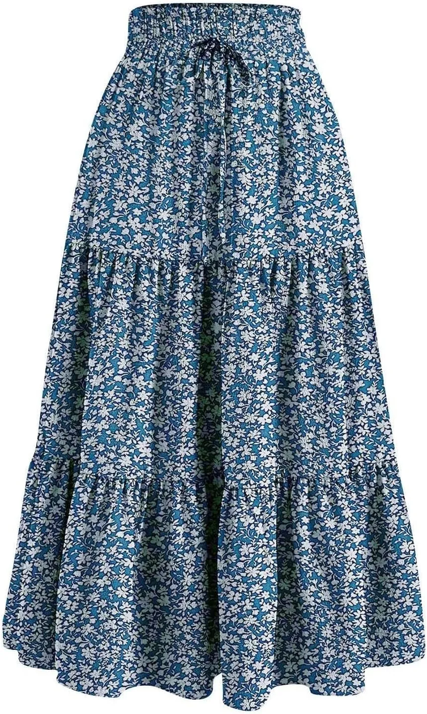 Elastic High Waist Flowy Maxi Skirts Women Boho Floral Tiered Pleated Summer Casual Long Beach Skirt