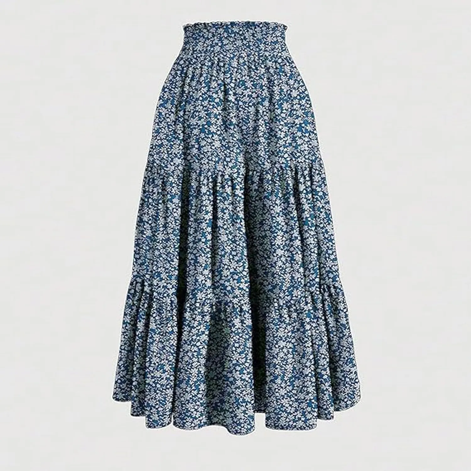 Elastic High Waist Flowy Maxi Skirts Women Boho Floral Tiered Pleated Summer Casual Long Beach Skirt