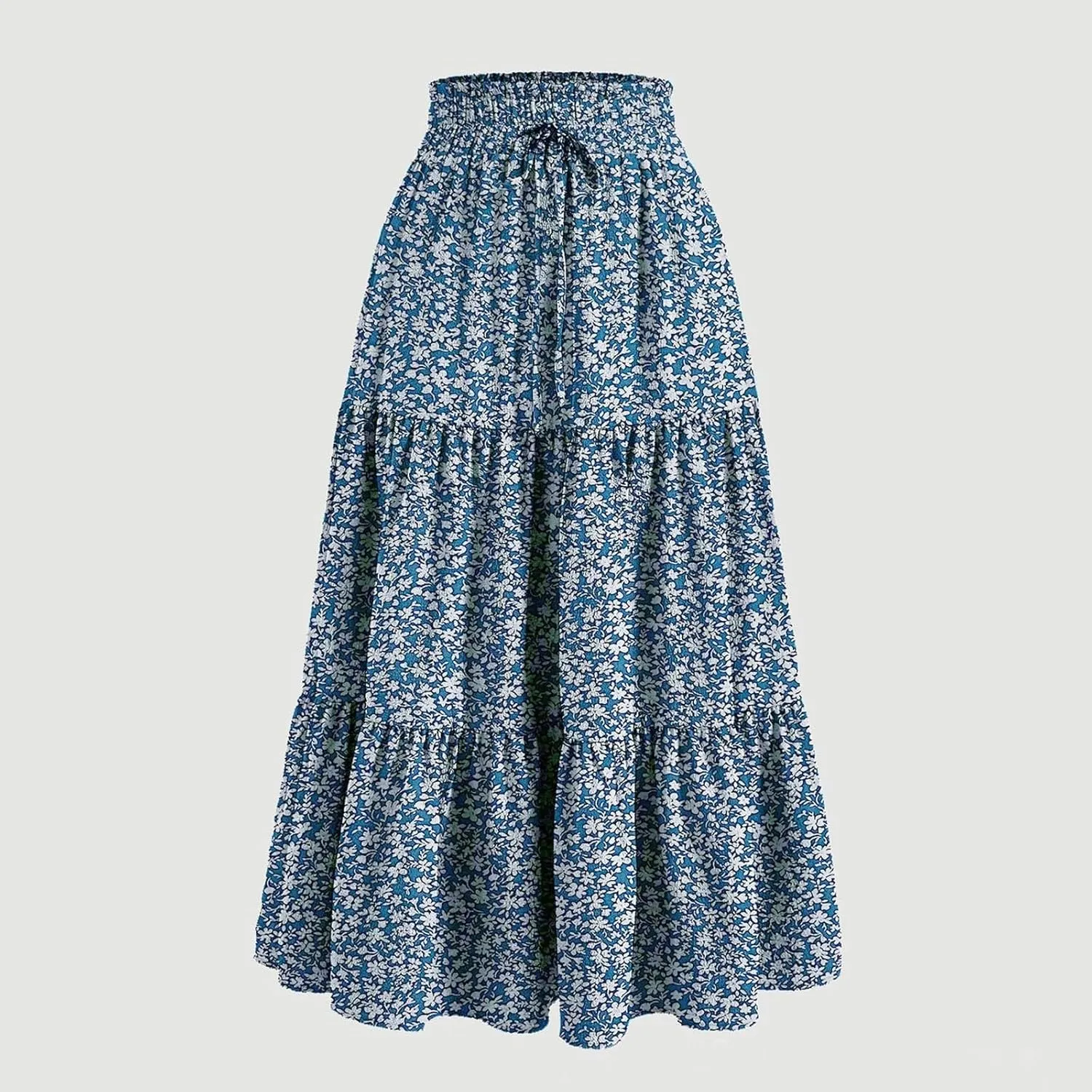 Elastic High Waist Flowy Maxi Skirts Women Boho Floral Tiered Pleated Summer Casual Long Beach Skirt